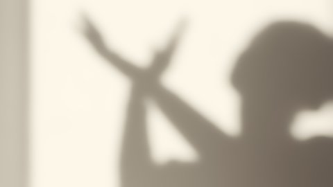 Unrecognizable woman shows shadow theater and doing a flying bird with her hands. Shadows on a white wall are blurry and out of focus. Theater for children leisure and entertainment at home.
