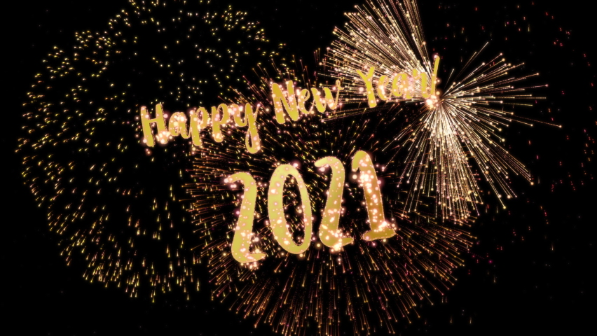 2021 Happy New Year greeting text with particles and sparks on black night sky with colored slow motion fireworks on background, beautiful typography magic design. | Shutterstock HD Video #1061743216