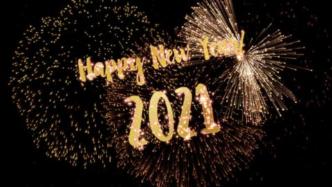 2021 Happy New Year greeting text with particles and sparks on black night sky with colored slow motion fireworks on background, beautiful typography magic design.