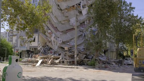Izmir, Turkey - October 31, 2020 Earthquake on 30 October 2020 in The Aegean sea affected buildings in Izmir. Building damaged in Izmir Bayrakli Manavkuyu district.