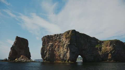 Slow Motion of Rocher Percé in Quebec, Canada from a Boat