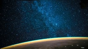 ISS Time-lapse Video of Earth seen from the International Space Station with Milkway and Aurora Australis over the earth, Time Lapse 4K. Images courtesy of NASA. Pan up motion timelapse.