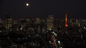 TOKYO, JAPAN - NOVEMBER 2019 : Aerial high angle view of cityscape of TOKYO at night. Scenery of central downtown area and business district. Full moon in the sky. View from Shibuya ward. - Powered by Shutterstock - Get 15% off with code: PIKWIZARD15