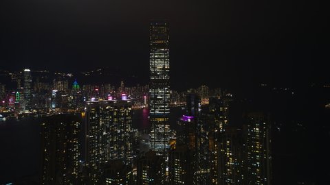Oct 2020 : Hong Kong ,China ,Asia : Drone Hyperlapse of International Commerce Centre Hong Kong