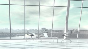 Huge office with panoramic windows overlooking cityscape. 3d render