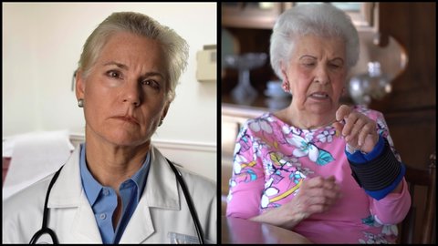 Split screen point of view concept portraits of doctor and elderly woman patient on a telehealth teledoctor video chat, as female explains her ailments.