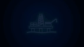 Glowing neon line Oil platform in the sea icon isolated on black background. Drilling rig at sea. Oil platform, gas fuel, industry offshore. 4K Video motion graphic animation.