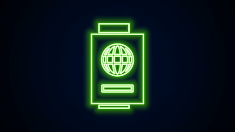 Glowing neon line Passport with ticket icon isolated on black background. Identification Document. Concept travel and tourism. 4K Video motion graphic animation.