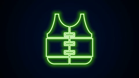 Glowing neon line Life jacket icon isolated on black background. Life vest icon. Extreme sport. Sport equipment. 4K Video motion graphic animation.