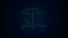 Glowing neon line Sunbed icon isolated on black background. Beach umbrella and Sun lounger. 4K Video motion graphic animation.