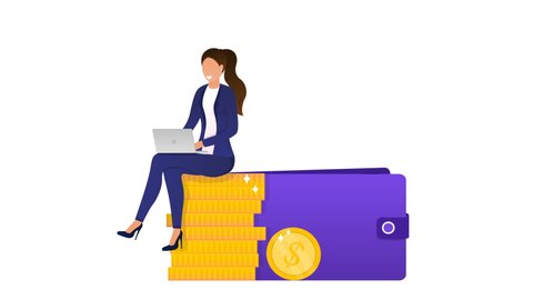 Young successful woman earns money. Business woman working on laptop increasing her income. Financial independence. Can also be a freelancer concept. E-commerce. Online Business High Quality Animation