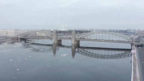 Panorama of Petersburg. Russia. Panorama of the bridge. Bridges of St. Petersburg. The Bridge of Peter the Great. Quay in St. Petersburg