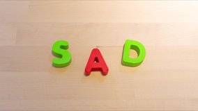Sad text stop motion animation, jumping words for emotion expression concept. Social media footage. People emotion expression creative footage. Descriptive seamless looping video for b-roll or title