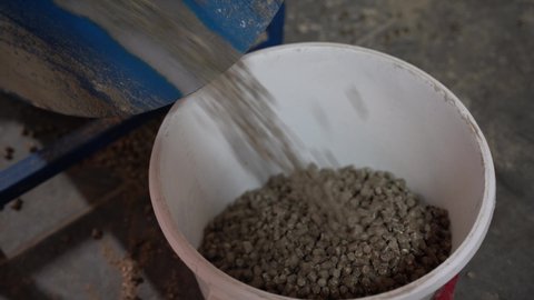 Production of animal feed. Compound feed for animals. Farm. Close-up