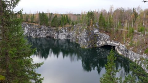 Landmark of Russia. Mountain park Ruskeala at autumn. Marble canyon in Sortavala region of Republic of Karelia