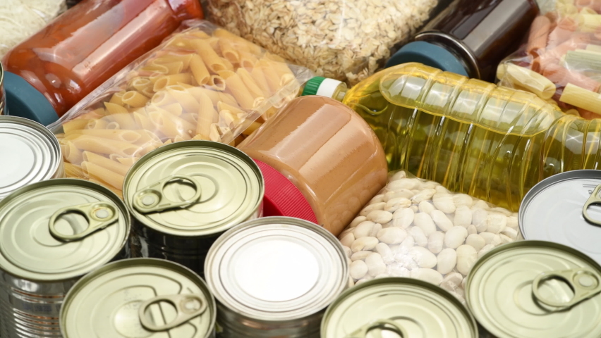 Food donations. Food with long shelf life rotating	 | Shutterstock HD Video #1061769139