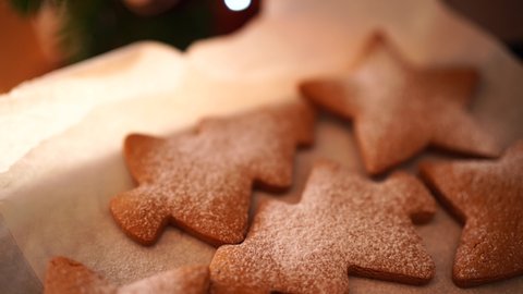 Close-up of gingerbread cookies sprinkled with powdered sugar. Video de stock