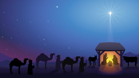 Loopable animation of shining star landscape above the nativity scene in bethlehem with the approach of the three wise men	