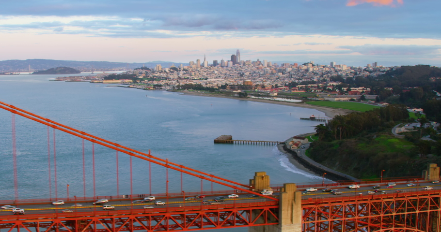 Aerial view of the Golden Gate Bridge. San Francisco, California. United States. City skyline in the background. Shot on Red weapon 8K.