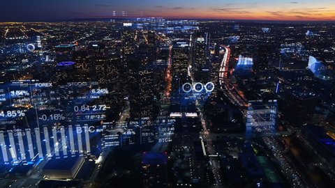 Aerial view of Los Angeles with financial charts and data. Futuristic city skyline. Big data, Artificial intelligence, Internet of things, VR. Stock exchange figures.