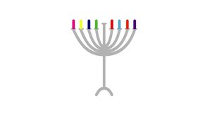 Hanukkah 2020motion graphics. Brown spinning top wearing Blue face mask and giving a face mask to Hanukkah candle, Hanukkah Menorah and colorful candles on the background