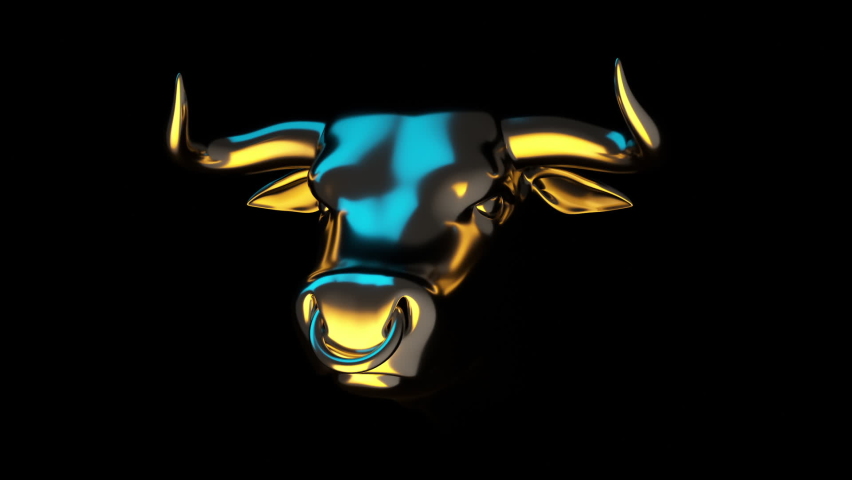 Closeup panorama around the metal head of a bull