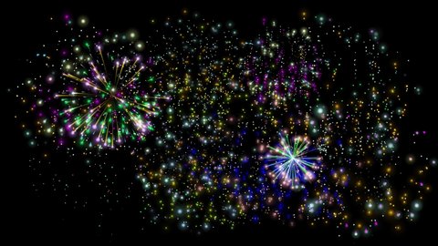 Colorful festive fireworks on black background. Digital animation.