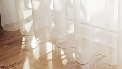Transparent white curtain tulle moves from the wind from an open window. Sunny day, the sun's rays sunlight penetrate the room.