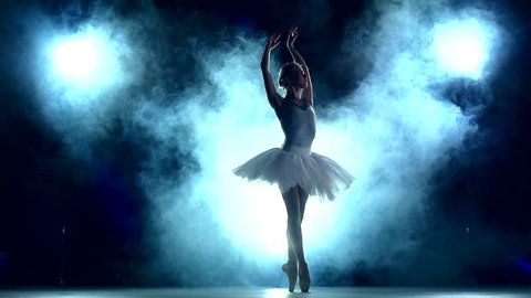  graceful ballerina doing a workout in the classroom. Smoke, fog, silhouette. ballet dancer in white tutu, girl in pointe, whirls around you, slow motion