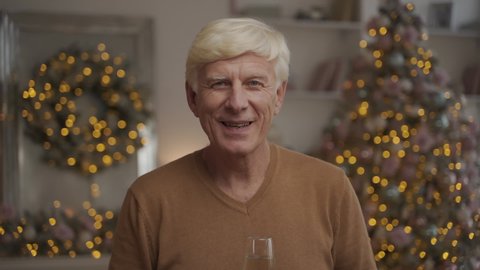 Old happy man looking at the camera and toasting. Portrait. Christmas at home. Grandpa smiling. Front view.