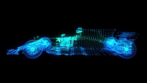 Car. Glow points, line and mesh formation of 3d Model Formula. 4k animation. Loop seamless.