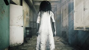 A horrible girl in a white dress, looking like a zombie, moves through an abandoned mystical house. View of an abandoned apocalyptic house. Animation for apocalyptic, mystical and fiction backgrounds.