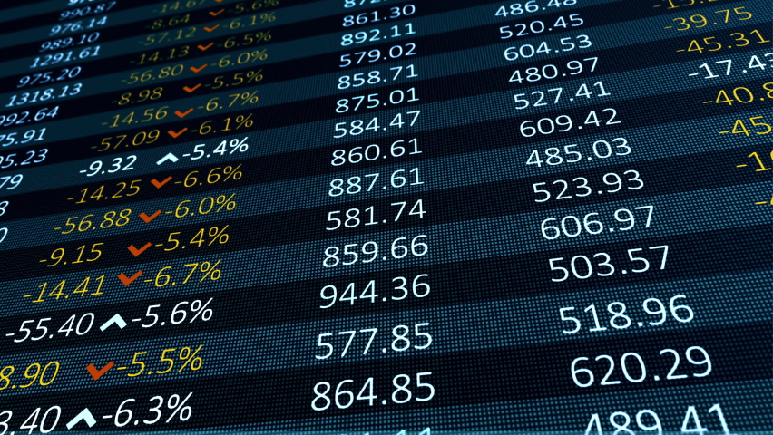 A digital table of stock market values, company indices are developing, growing and / or decreasing.