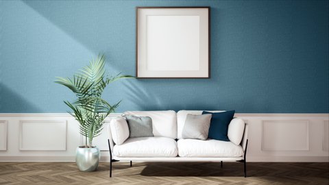 3d rendering living room interior with white sofa and decorated by empty photo frame on blue paint concrete wall and plant in pot. 