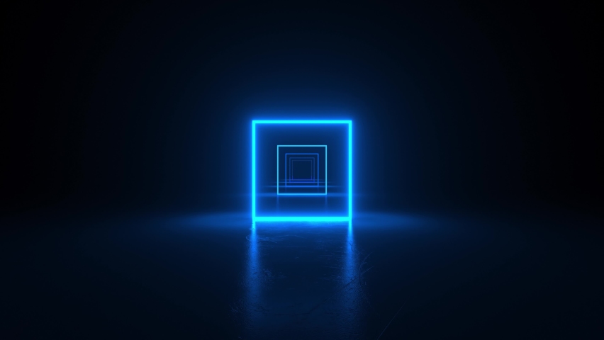 Squares neon blue light in black hall room. Abstract sci fi geometric background. Corridor. Futuristic concept. Glowing in concrete floor room with reflections. Moving forward. 3d animation loop of 4K Royalty-Free Stock Footage #1061793469