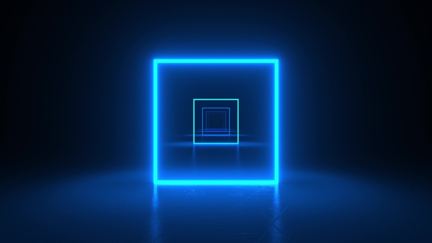 Squares neon blue light in black hall room. Abstract sci fi geometric background. Corridor. Futuristic concept. Glowing in concrete floor room with reflections. Moving forward. 3d animation loop of 4K