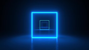 Squares neon blue light in black hall room. Abstract sci fi geometric background. Corridor. Futuristic concept. Glowing in concrete floor room with reflections. Moving forward. 3d animation loop of 4K - Powered by Shutterstock - Get 15% off with code: PIKWIZARD15