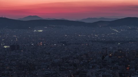 Mesmerizing Red Sunset Sky, Aerial View Shot of Athens, Parthenon at evening night, Greece