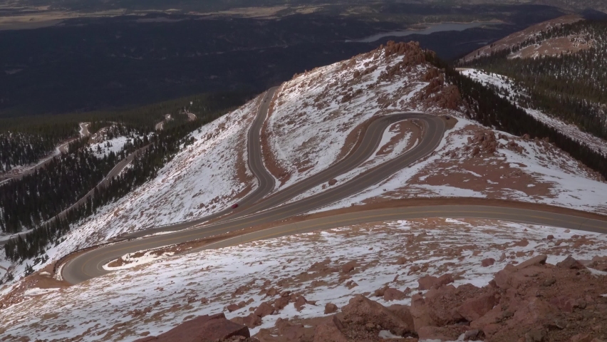 Beautiful serpentine road winding up to the Pikes Peak Mountain, Colorado, USA