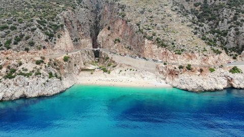 Kaputas beach aerial view from drone. Beautiful bay of Antalya, Turkey. Located near the city of Kas. The bay is washed by the turquoise sea. 