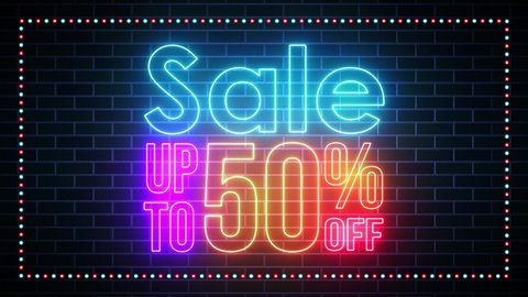 Colorful Neon Sign Sale Up To 50 Percent Off Lettering Flickering Glowing Light With Motion Dotted Border Line On Dark Blue Brick Wall Background
