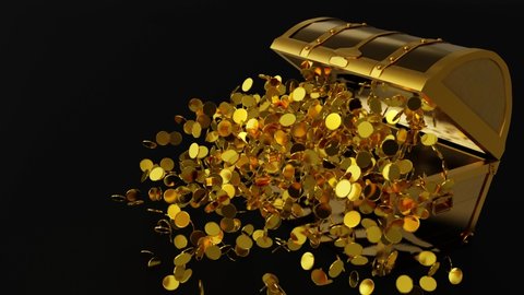 Many distribute gold coins flew from the treasure chest. A treasure chest made of gold, luxurious, expensive. An ancient treasure box opened with gold coins ejected. 3D Rendering.