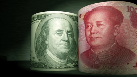China Renminbi and USA Dollars trade war and currency war metaphor for broadcast and presentations with left area for titles and captions