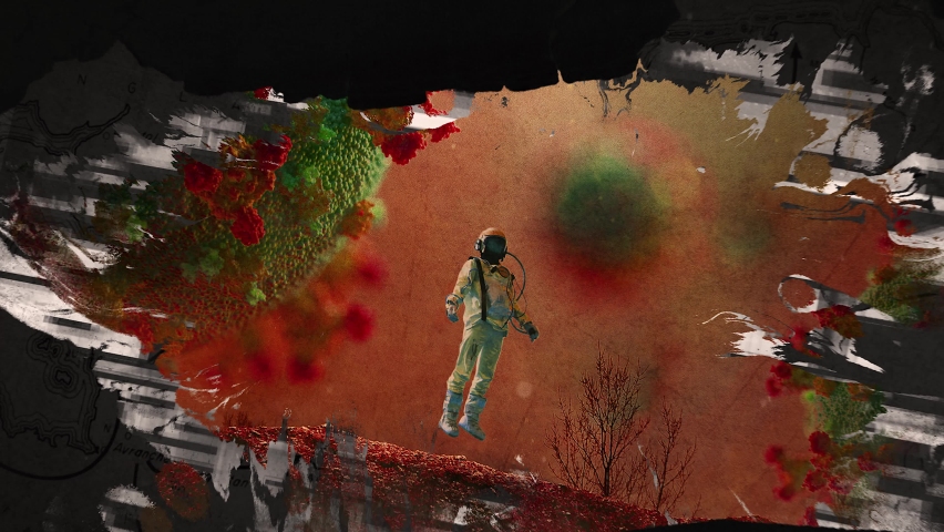 animated corona or covid-19 slideshow. animation depicting a hero in the costume of an astronaut who is fighting the Covid-19 virus. Heroes wish you a happy new year 2021.
