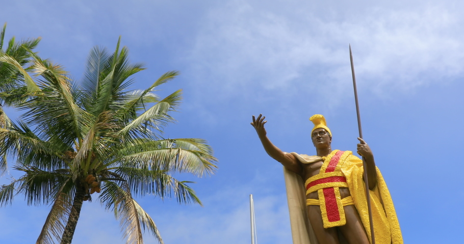  4k stationary hand held motion of the King Kamehameha statue (original cast), cast in 1880. It stands in front of the old country courthouse in the town of Kapaʻau, Big Island, Hawaii,USA