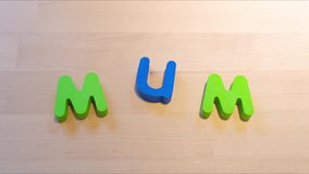 Mum text stop motion animation, jumping words for holiday concept. Social media footage. Holiday celebration or education creative footage. Descriptive seamless looping video for b-roll or title