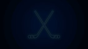 Glowing neon line Ice hockey sticks icon isolated on black background. 4K Video motion graphic animation.