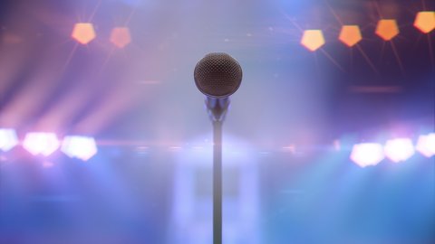 Microphone on the stage in the concert hall. Colorful spotlights moving with the rhythm of the music. Musician singing and crowd of people dancing at the front of the stage, loopable 3d animation.