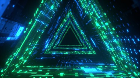 Triangle Neon tunnel. Futuristic interface pattern. Glowing hi technology texture. Abstract motion background. Cyber punk concept. Seamless loop. Green and blue 4K