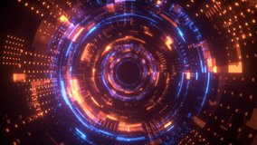 Round Neon tunnel. Futuristic interface pattern. Glowing hi technology texture. Abstract motion background. Cyber punk concept. Seamless loop. Orange and blue color. 4K